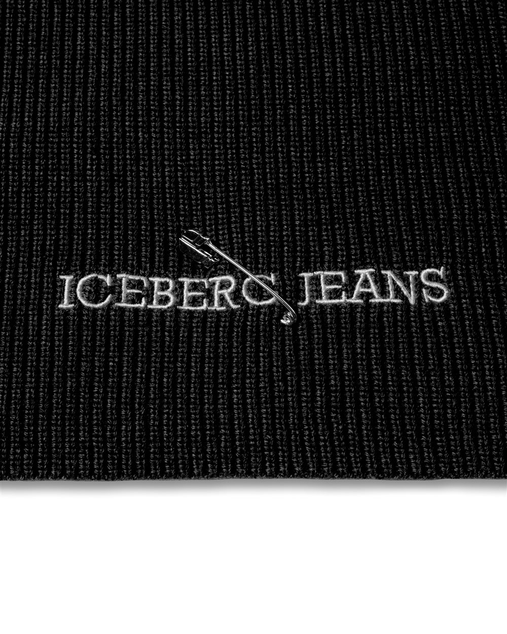 Black wool and cashmere scarf with embroidered Iceberg logo and pin - Iceberg - Official Website