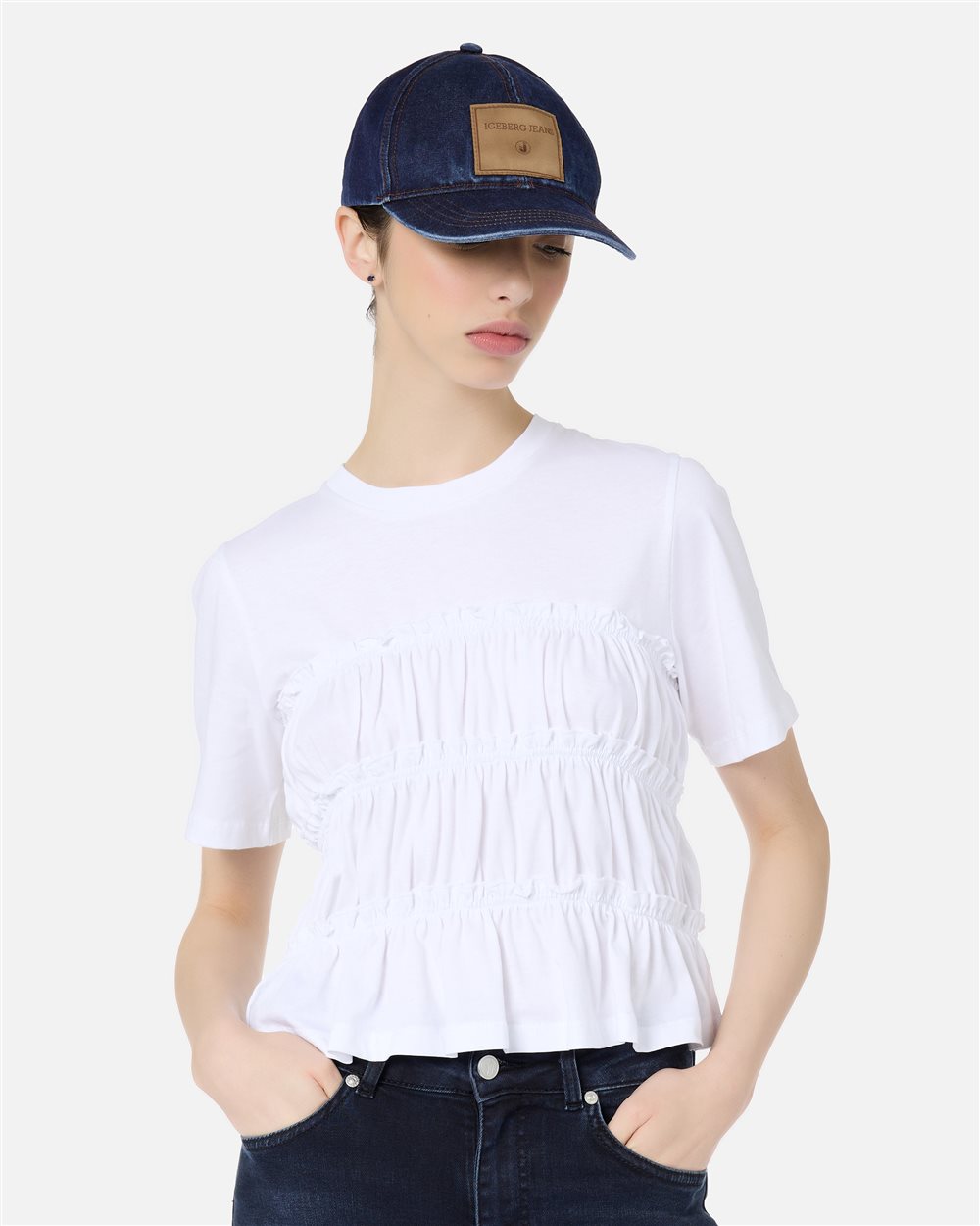 Mid Blue Stonewash Denim Baseball Cap with Jacquard Fake Salpa Logo Label - Iceberg - Official Website