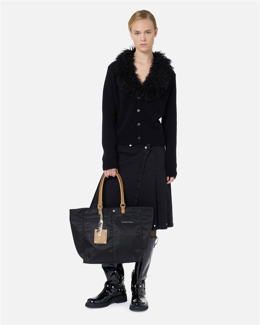 Black nylon tote bag with leatherette details: practicality and timeless style - Iceberg - Official Website