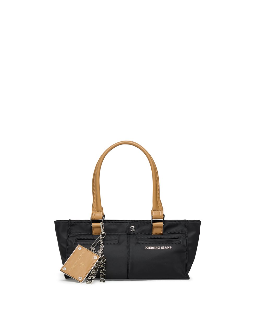 Mini tote bag in black nylon with details in tan eco-leather: compact urban elegance - Iceberg - Official Website