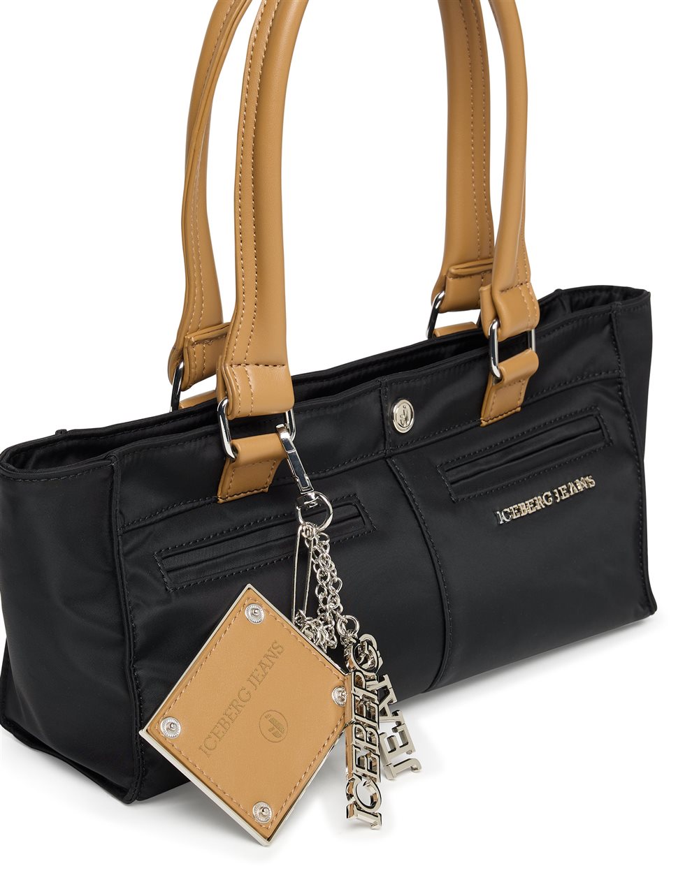Mini tote bag in black nylon with details in tan eco-leather: compact urban elegance - Iceberg - Official Website