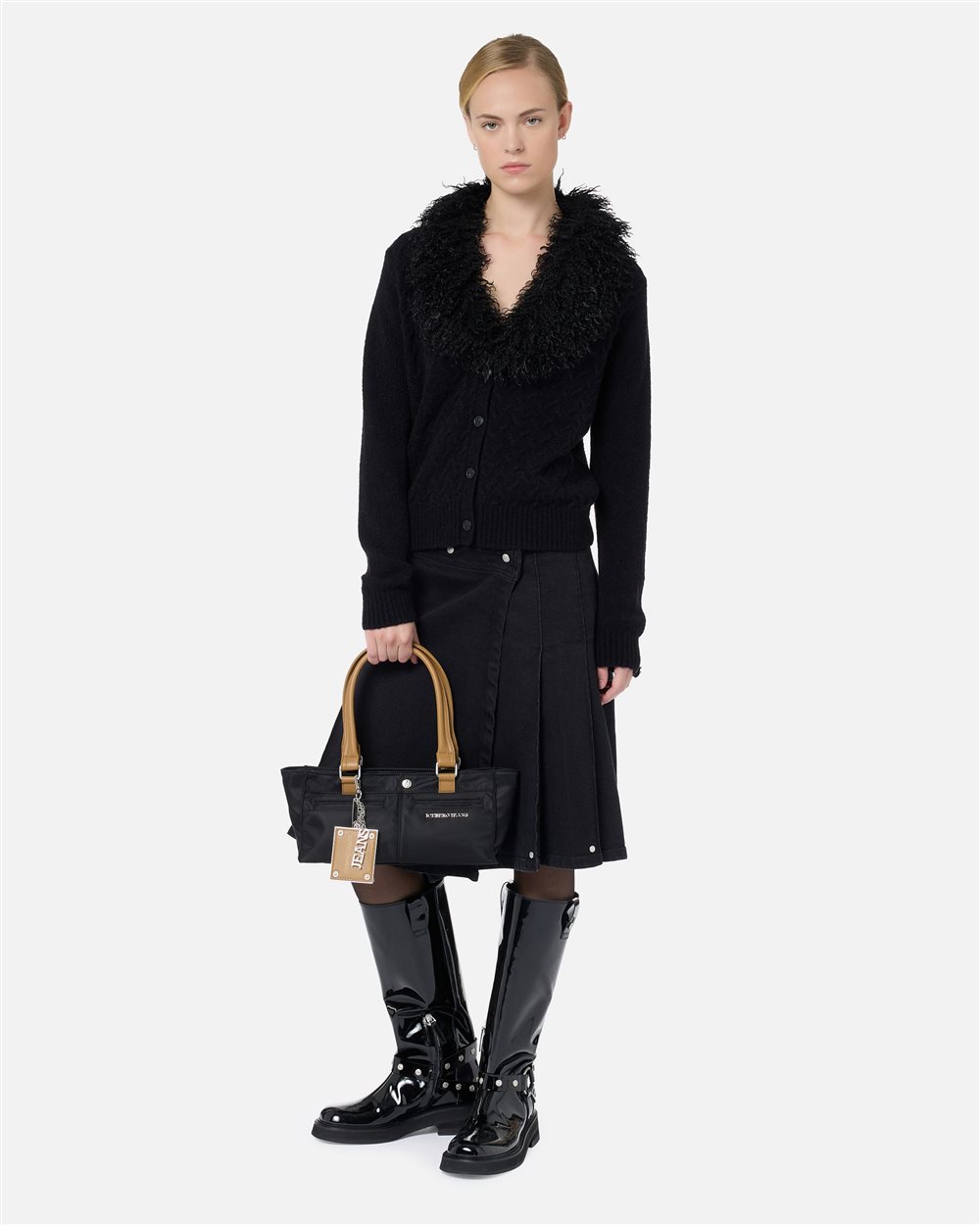 Mini tote bag in black nylon with details in tan eco-leather: compact urban elegance - Iceberg - Official Website