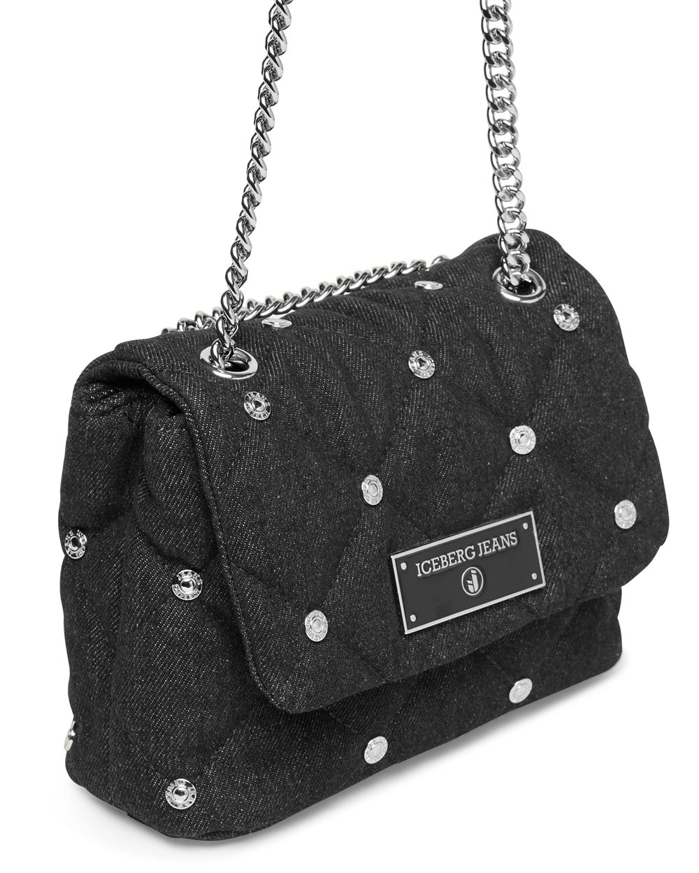 Black Quilted Cotton Denim Canvas Crossbody with Logo Details - Iceberg - Official Website