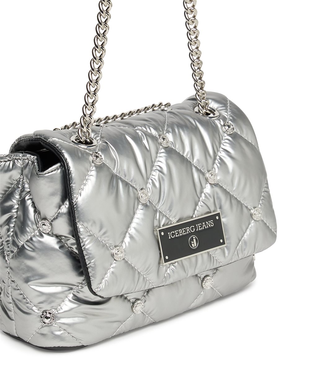 Silver quilted nylon crossbody bag with rivets and silver chain - Iceberg - Official Website