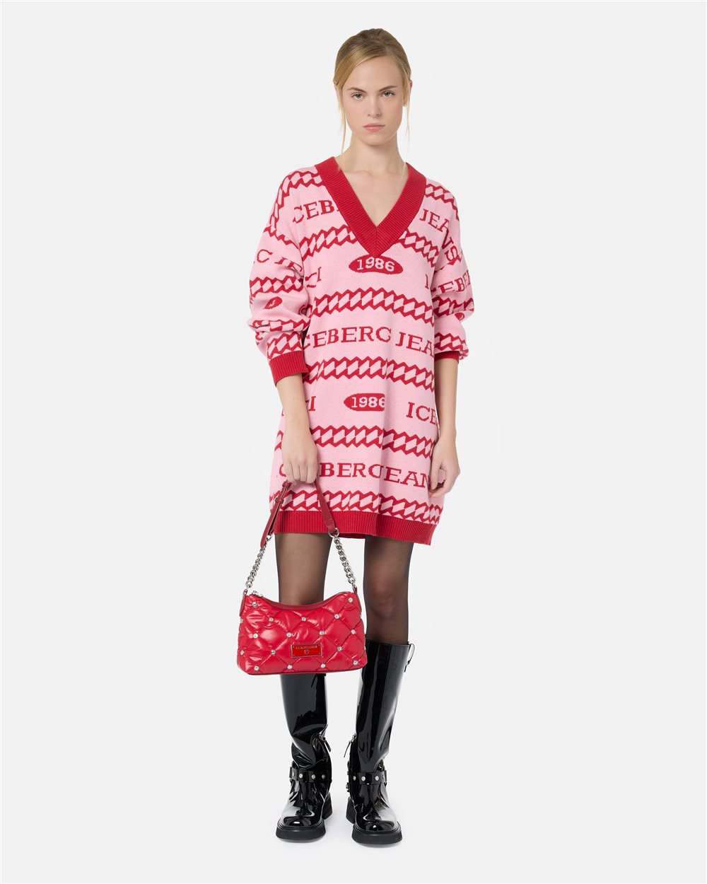 Red quilted nylon mini hobo bag with silver chain - Iceberg - Official Website