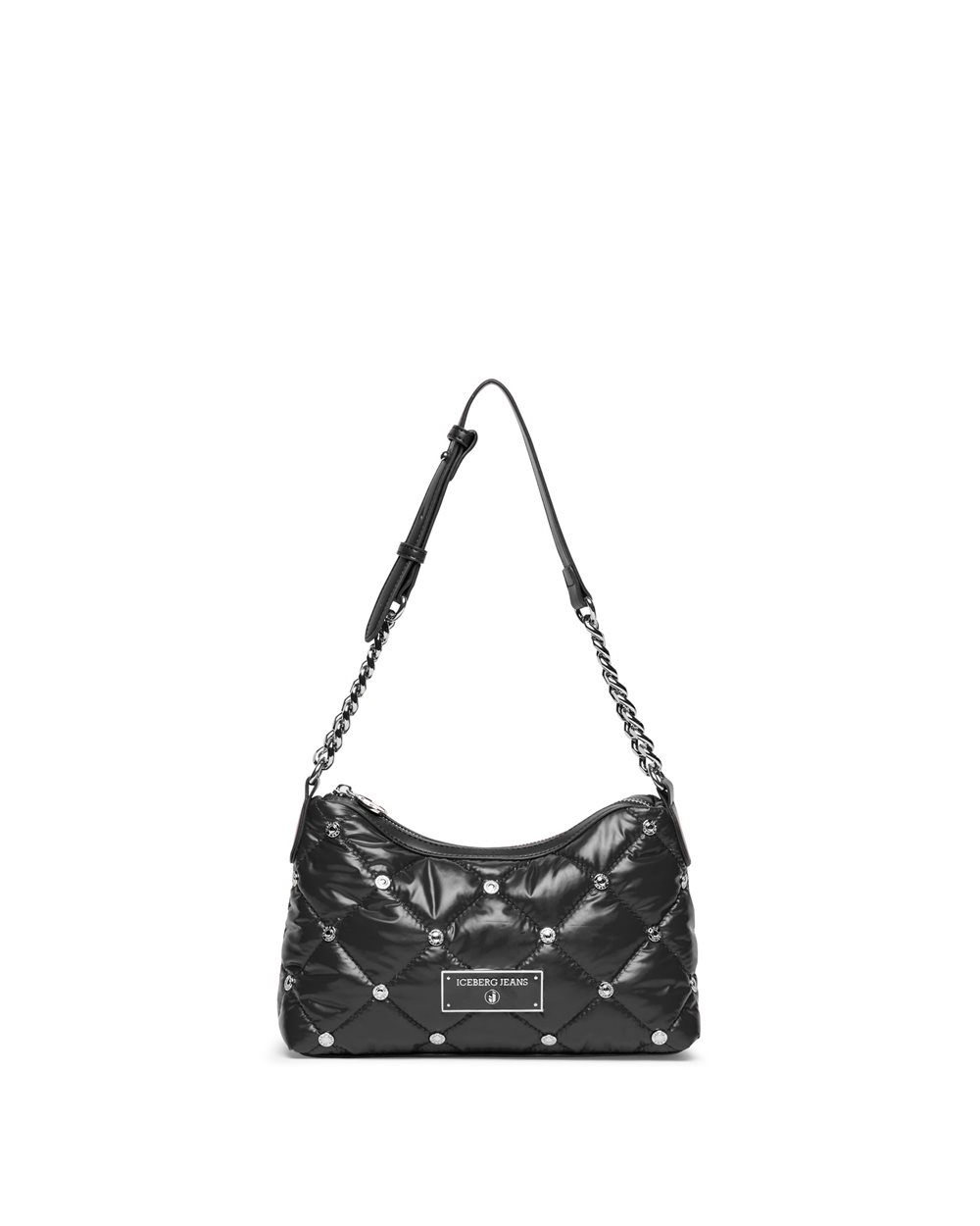 Black quilted nylon mini hobo bag with silver chain - Iceberg - Official Website