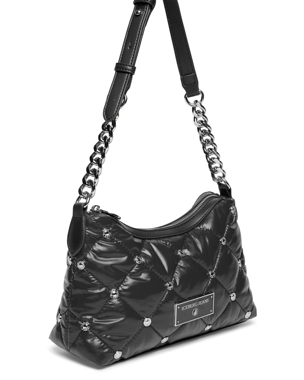 Black quilted nylon mini hobo bag with silver chain - Iceberg - Official Website