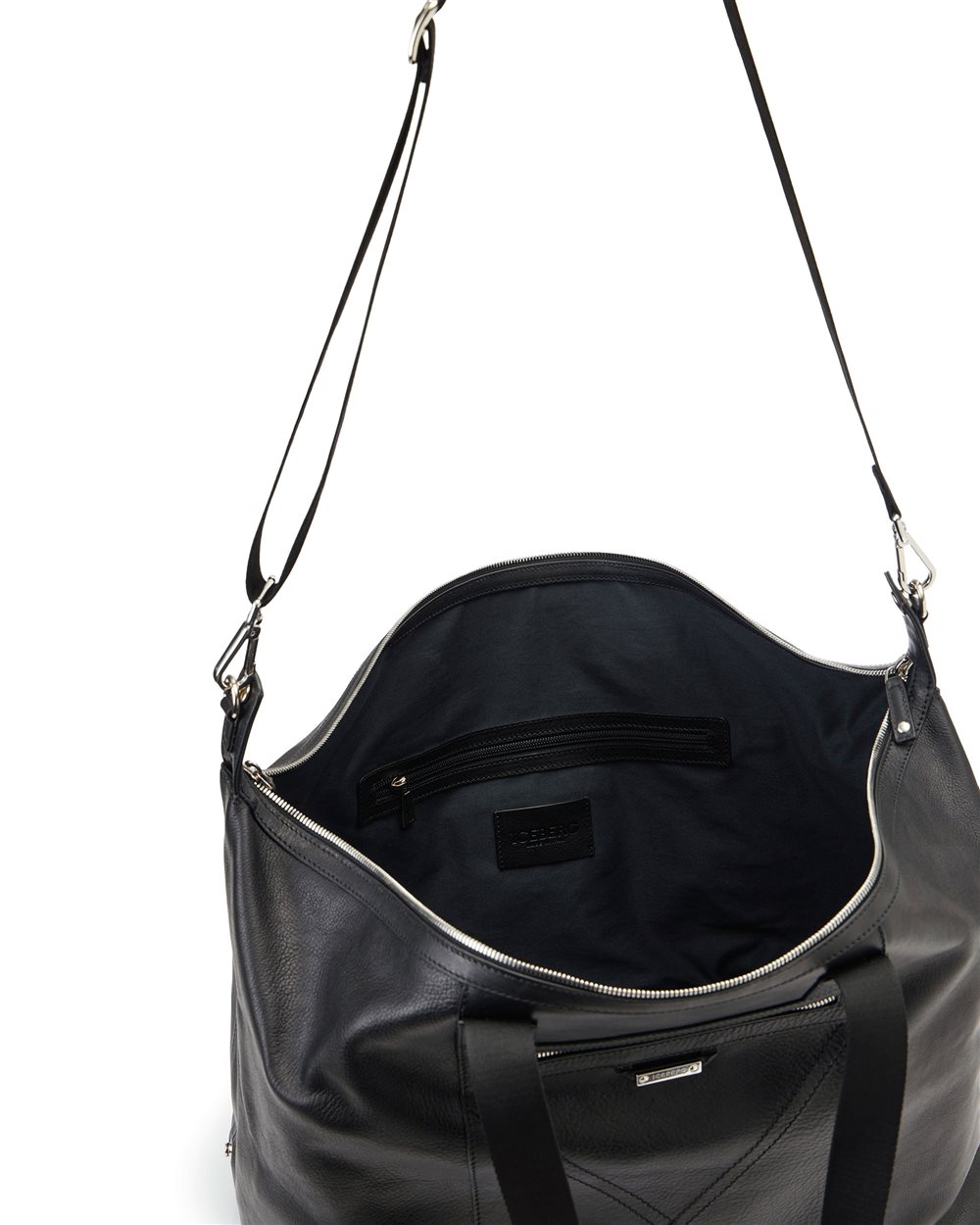 Black leather duffel bag with cross-stitching and logo plaque - Iceberg - Official Website