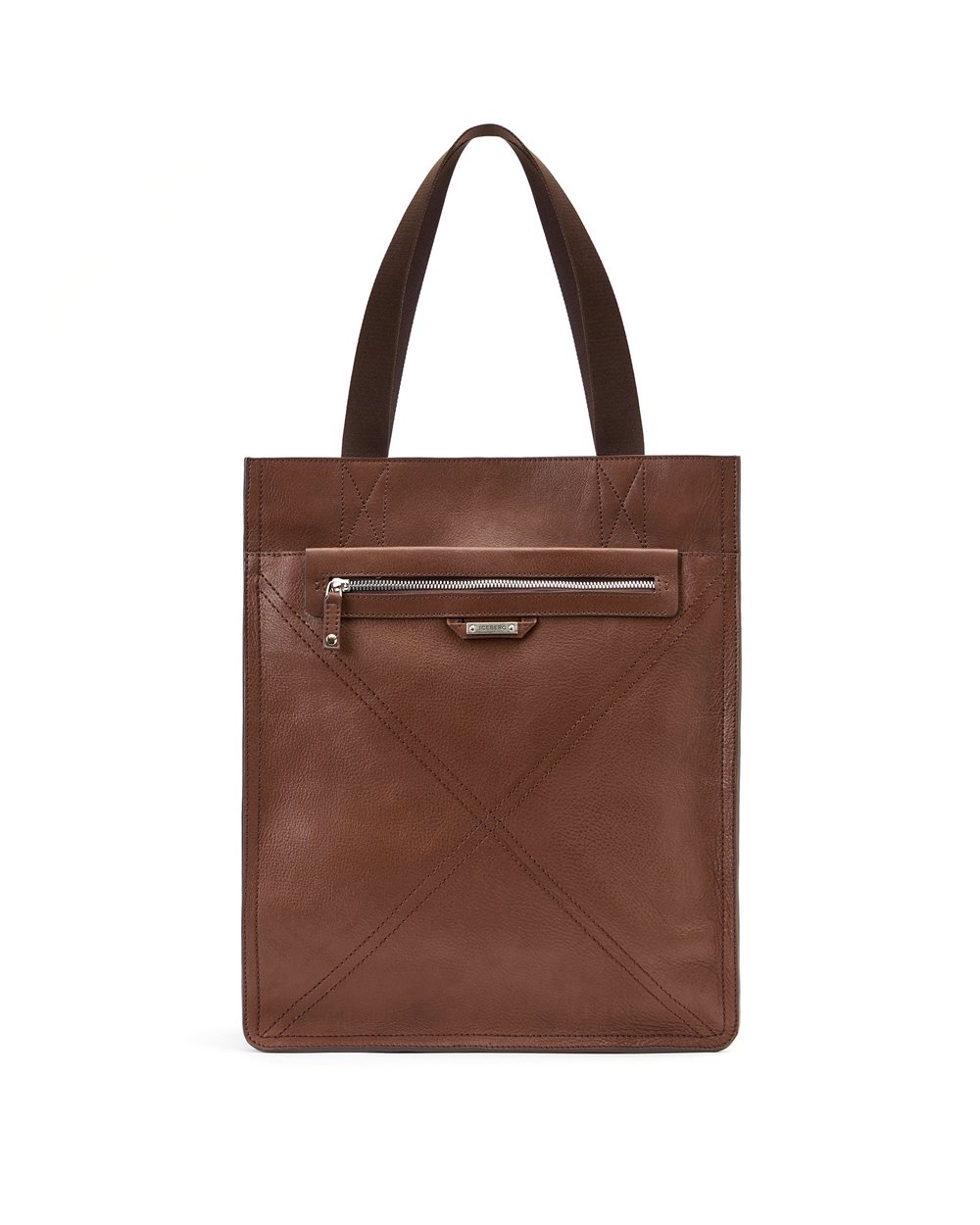Maxi shopper in hazelnut leather with cross stitching and metal logo plate - Iceberg - Official Website