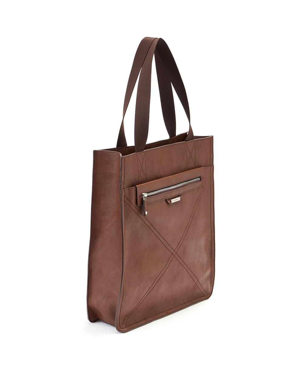 Maxi shopper in hazelnut leather with cross stitching and metal logo plate - Iceberg - Official Website