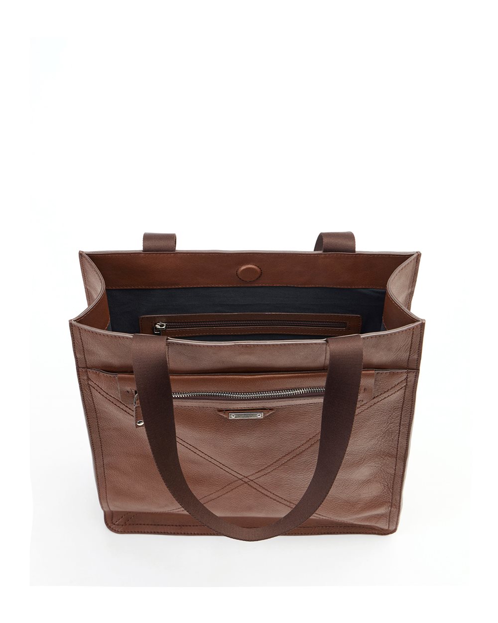 Maxi shopper in hazelnut leather with cross stitching and metal logo plate - Iceberg - Official Website