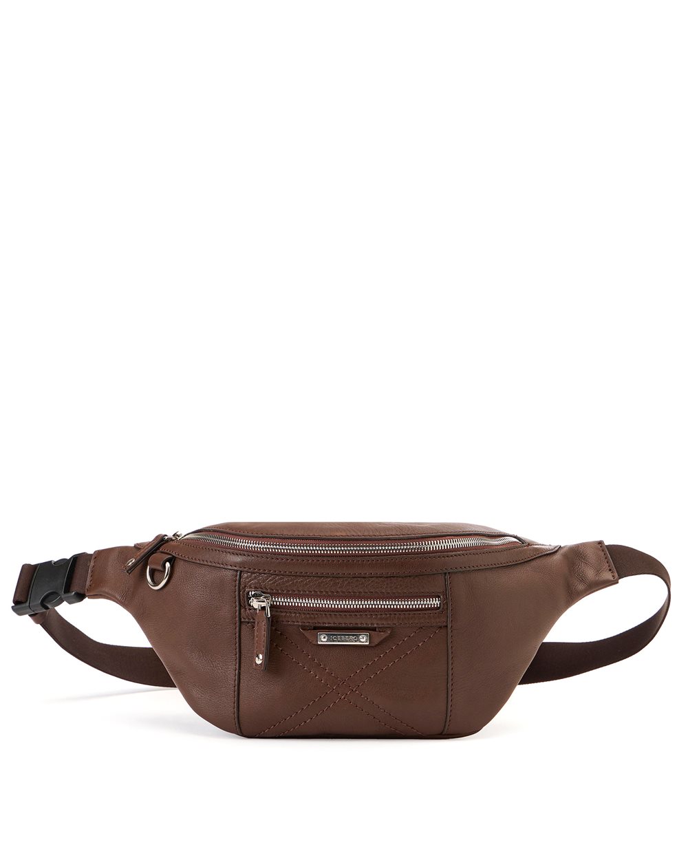 Hazelnut leather bum bag with cross stitching and metal logo plate - Iceberg - Official Website