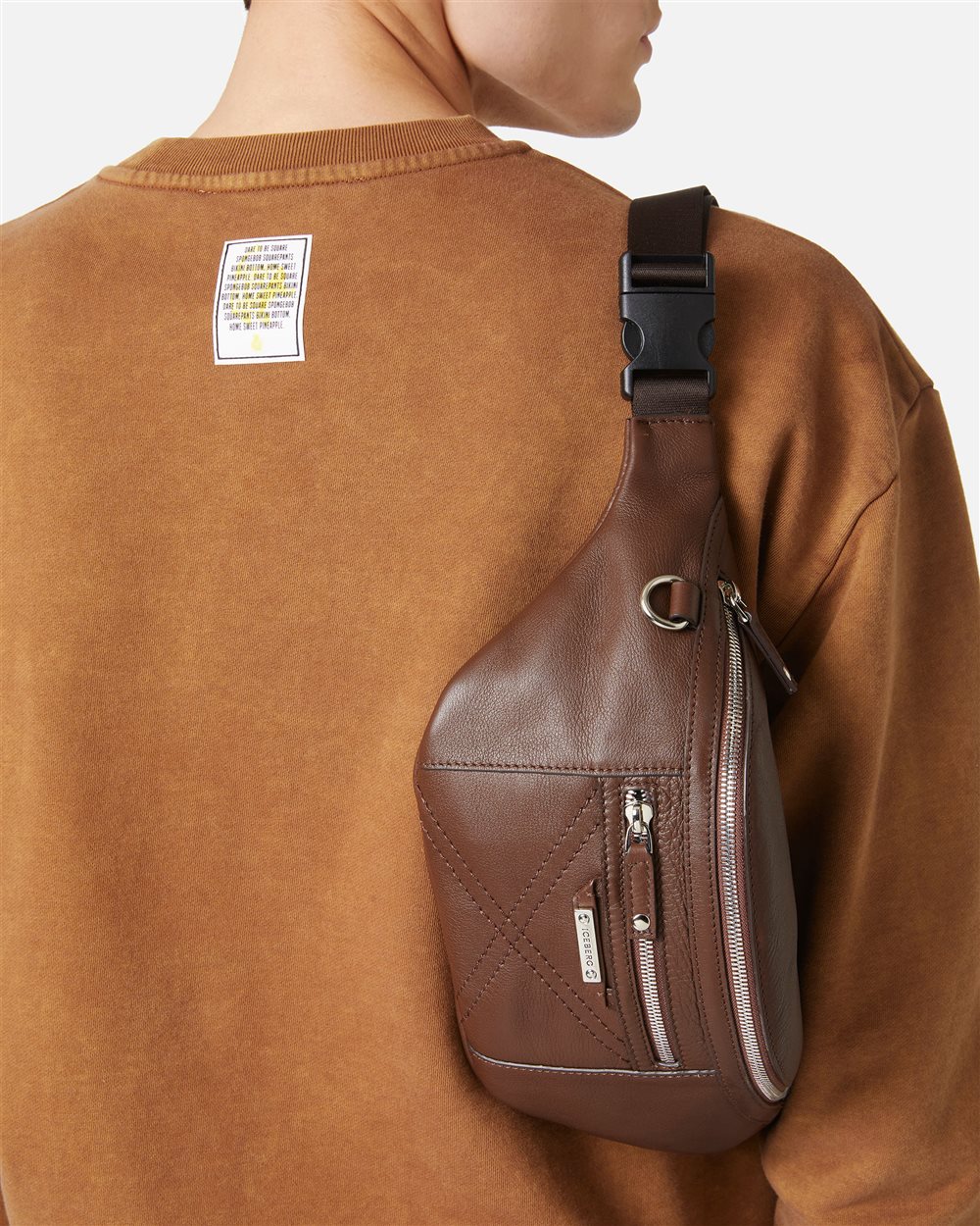 Hazelnut leather bum bag with cross stitching and metal logo plate - Iceberg - Official Website