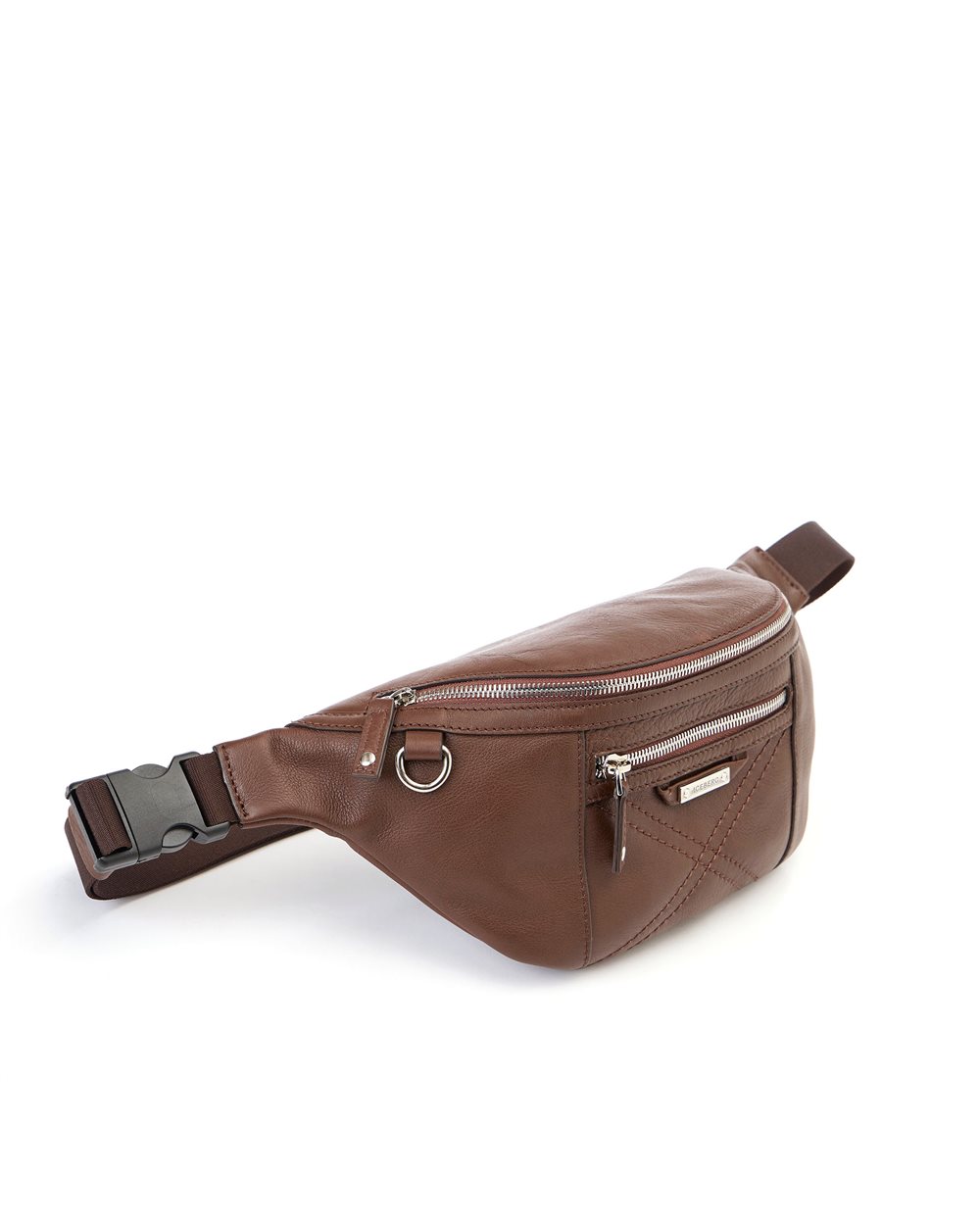Hazelnut leather bum bag with cross stitching and metal logo plate - Iceberg - Official Website