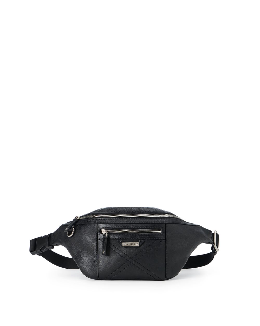 Black leather bum bag with cross stitching and metal logo plate - Iceberg - Official Website
