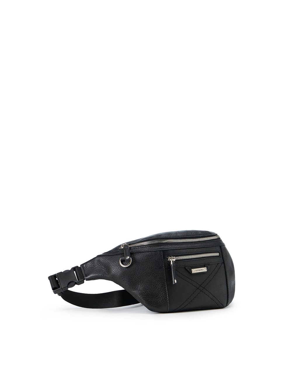 Black leather bum bag with cross stitching and metal logo plate - Iceberg - Official Website