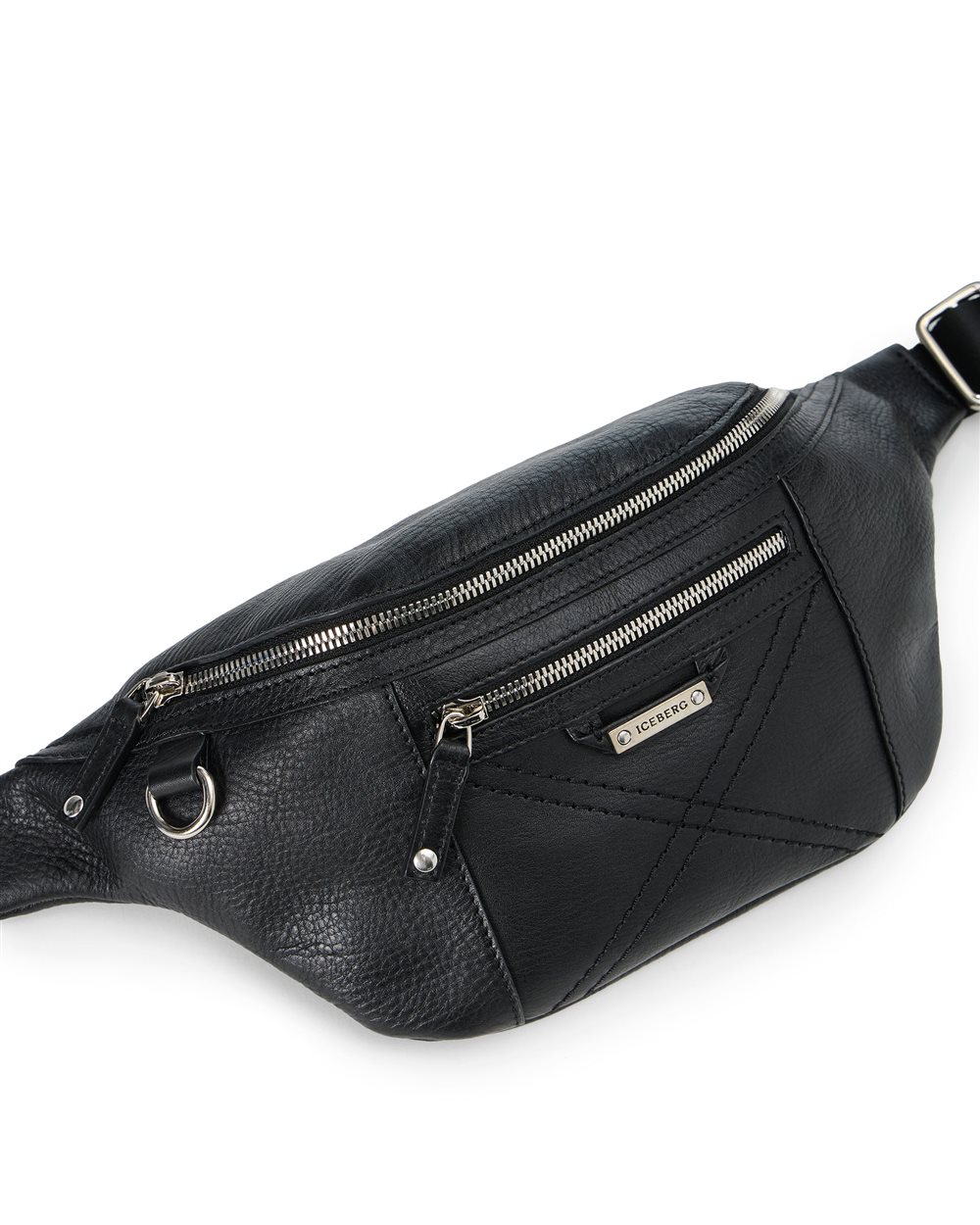 Black leather bum bag with cross stitching and metal logo plate - Iceberg - Official Website