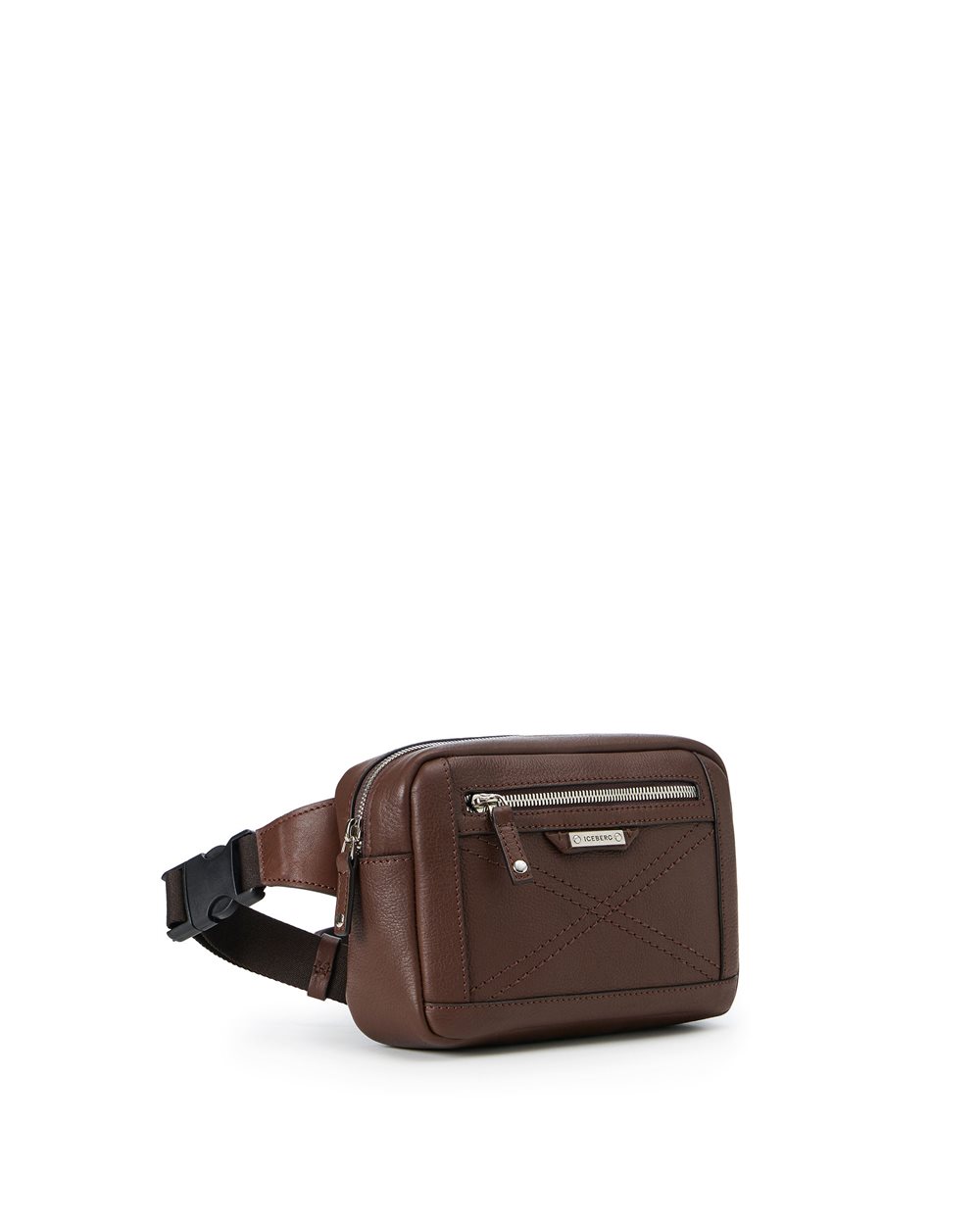 Hazelnut leather bum bag with cross-stitching and metal buckle - Iceberg - Official Website