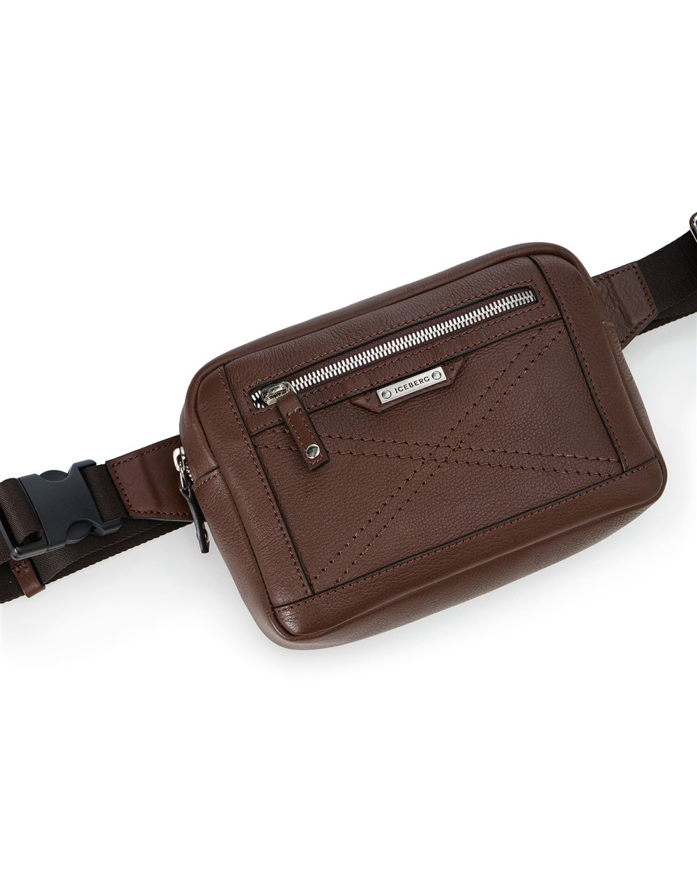 Hazelnut leather bum bag with cross-stitching and metal buckle - Iceberg - Official Website
