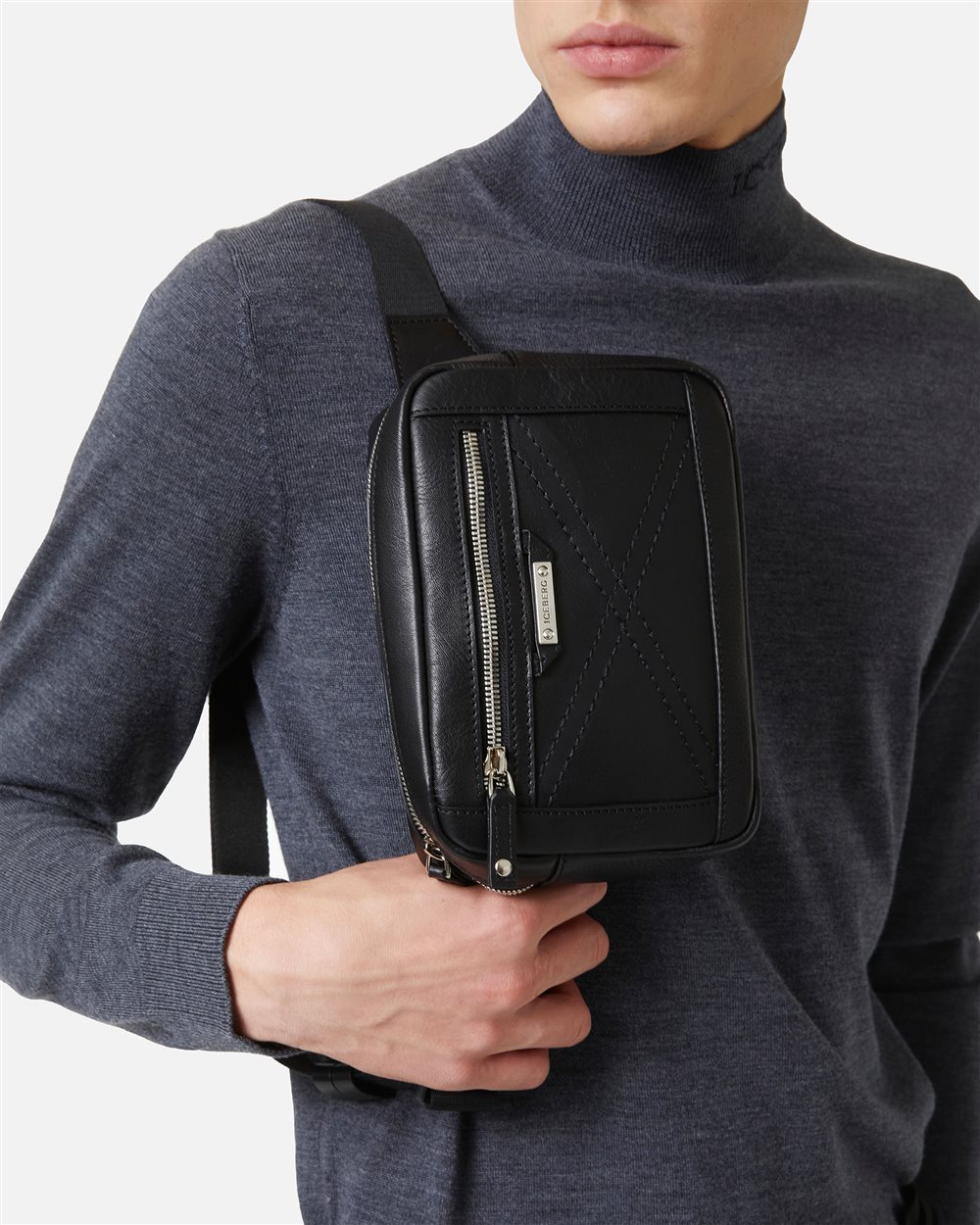 Black leather bum bag with cross-stitching and metal buckle - Iceberg - Official Website