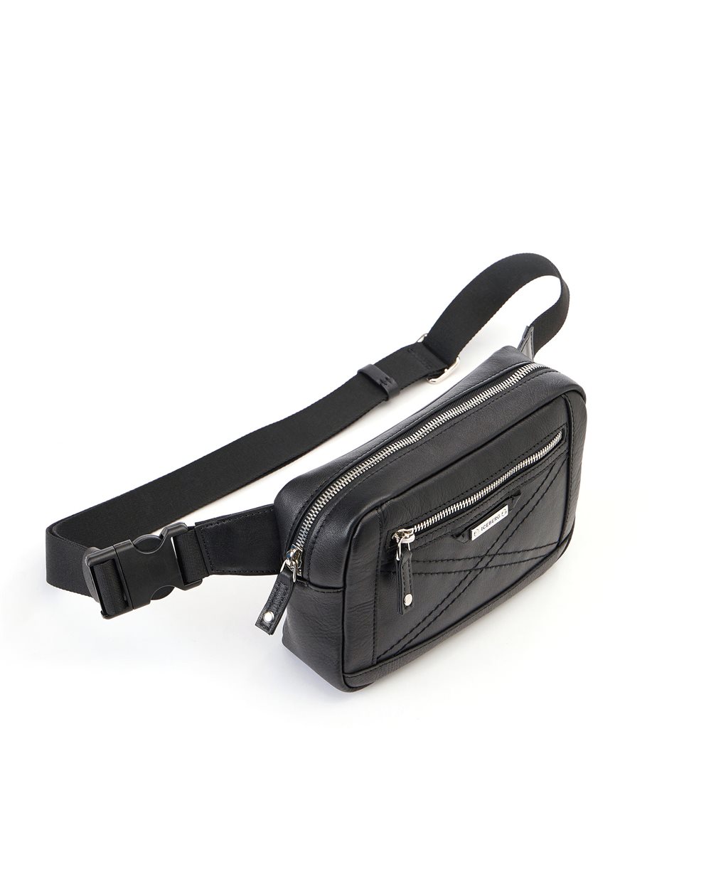 Black leather bum bag with cross-stitching and metal buckle - Iceberg - Official Website