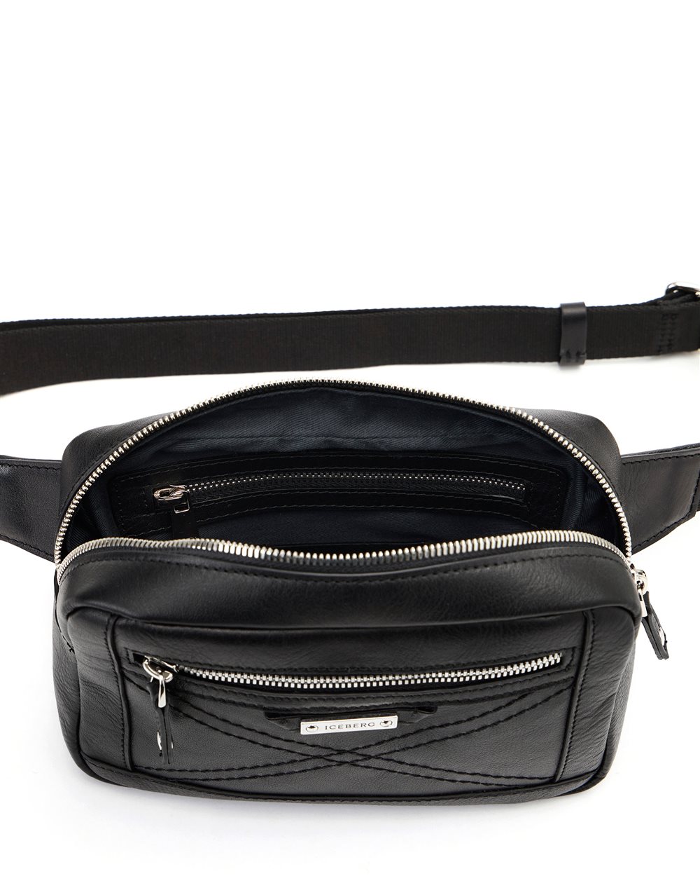 Black leather bum bag with cross-stitching and metal buckle - Iceberg - Official Website