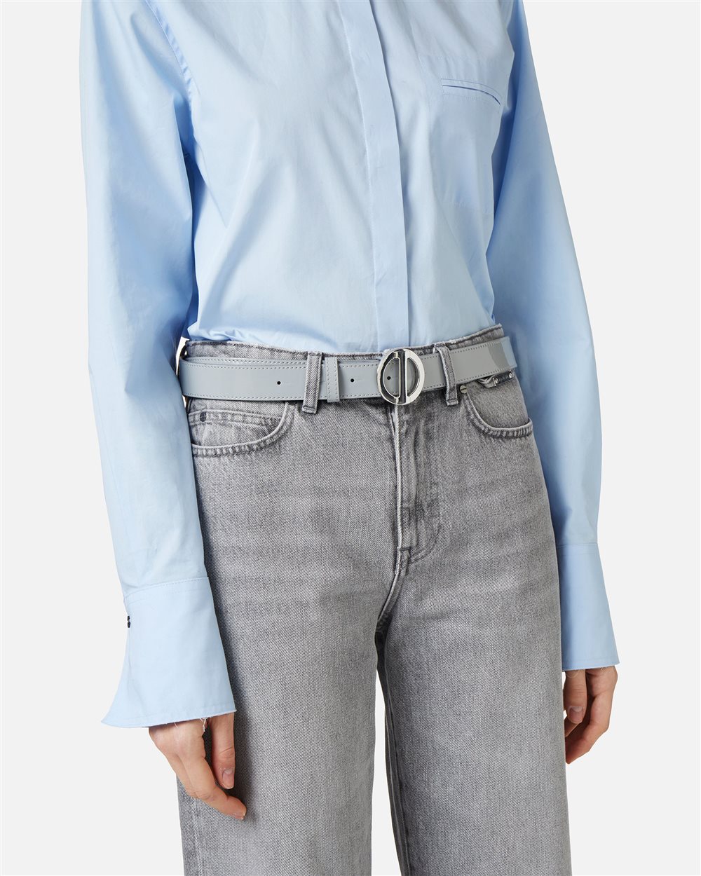 Faeda light grey leather belt with metal monogram logo buckle - Iceberg - Official Website