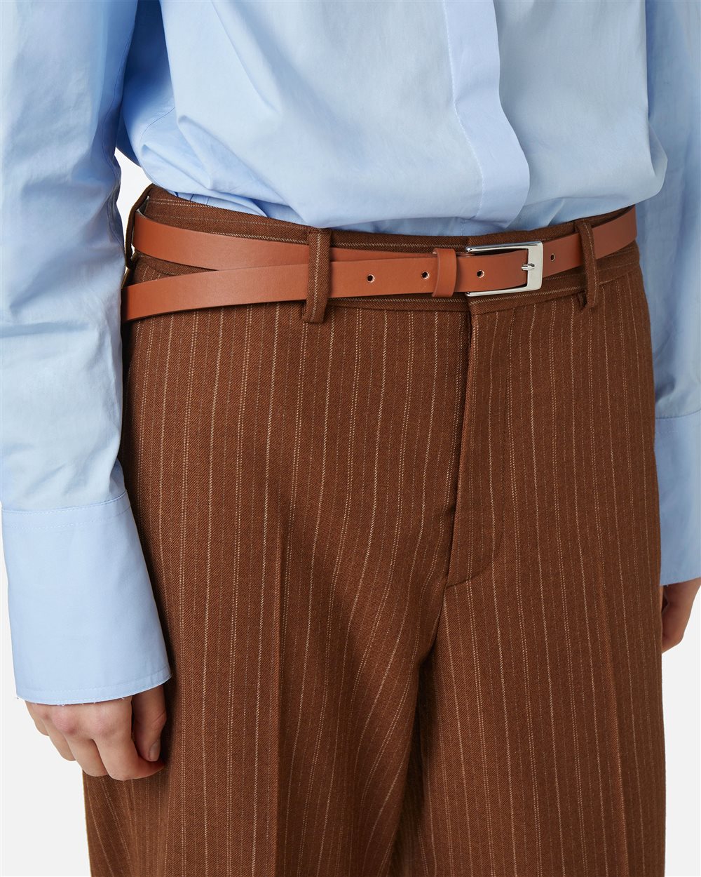 Slim hazelnut nappa leather belt with buckle and internal logo print - Iceberg - Official Website