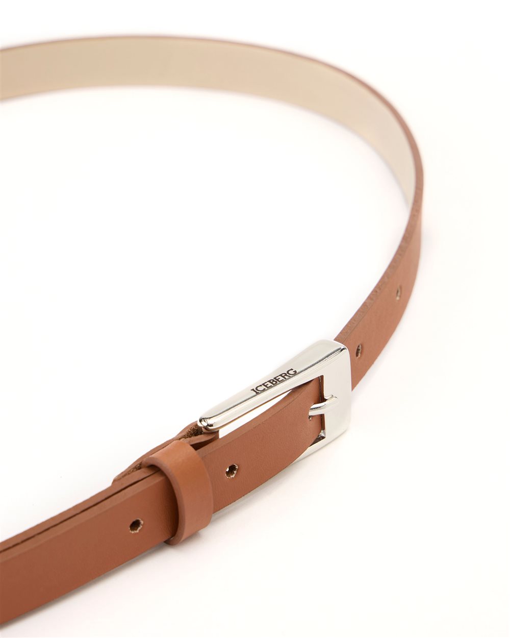 Slim hazelnut nappa leather belt with buckle and internal logo print - Iceberg - Official Website