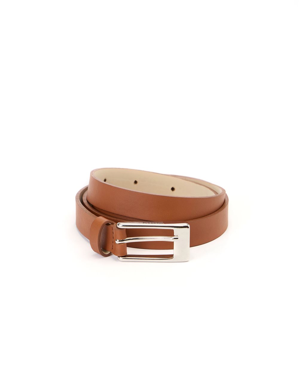 Slim hazelnut nappa leather belt with buckle and internal logo print - Iceberg - Official Website