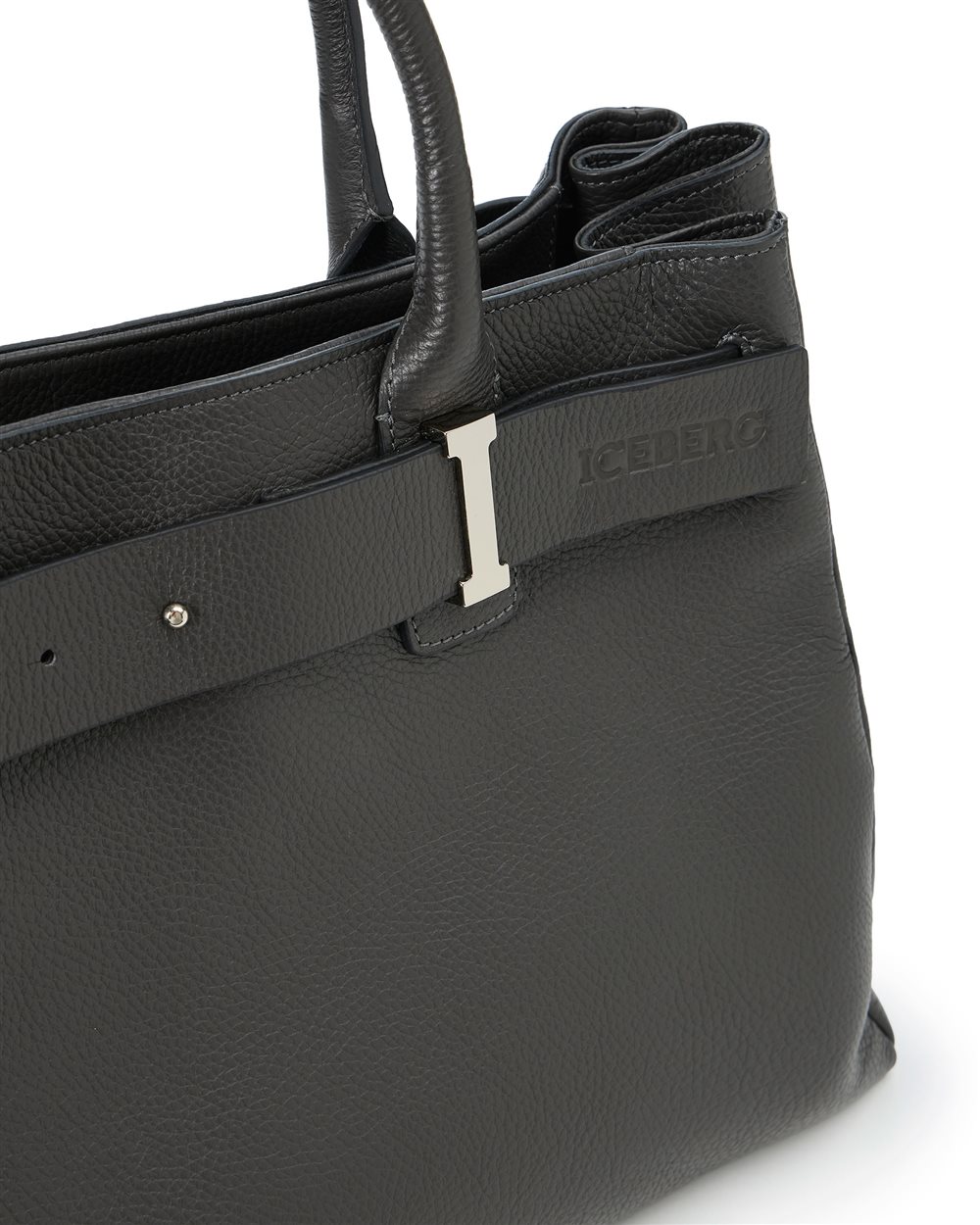 Dark gray Prince leather maxi shopper with logo buckles and debossed Iceberg logo detail - Iceberg - Official Website