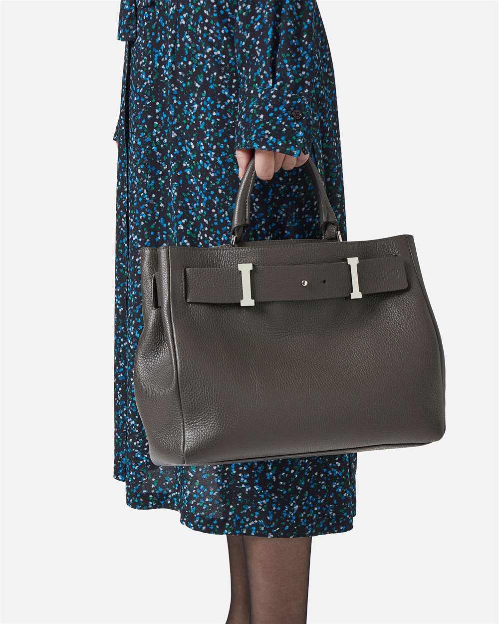Dark gray Prince leather maxi shopper with logo buckles and debossed Iceberg logo detail - Iceberg - Official Website