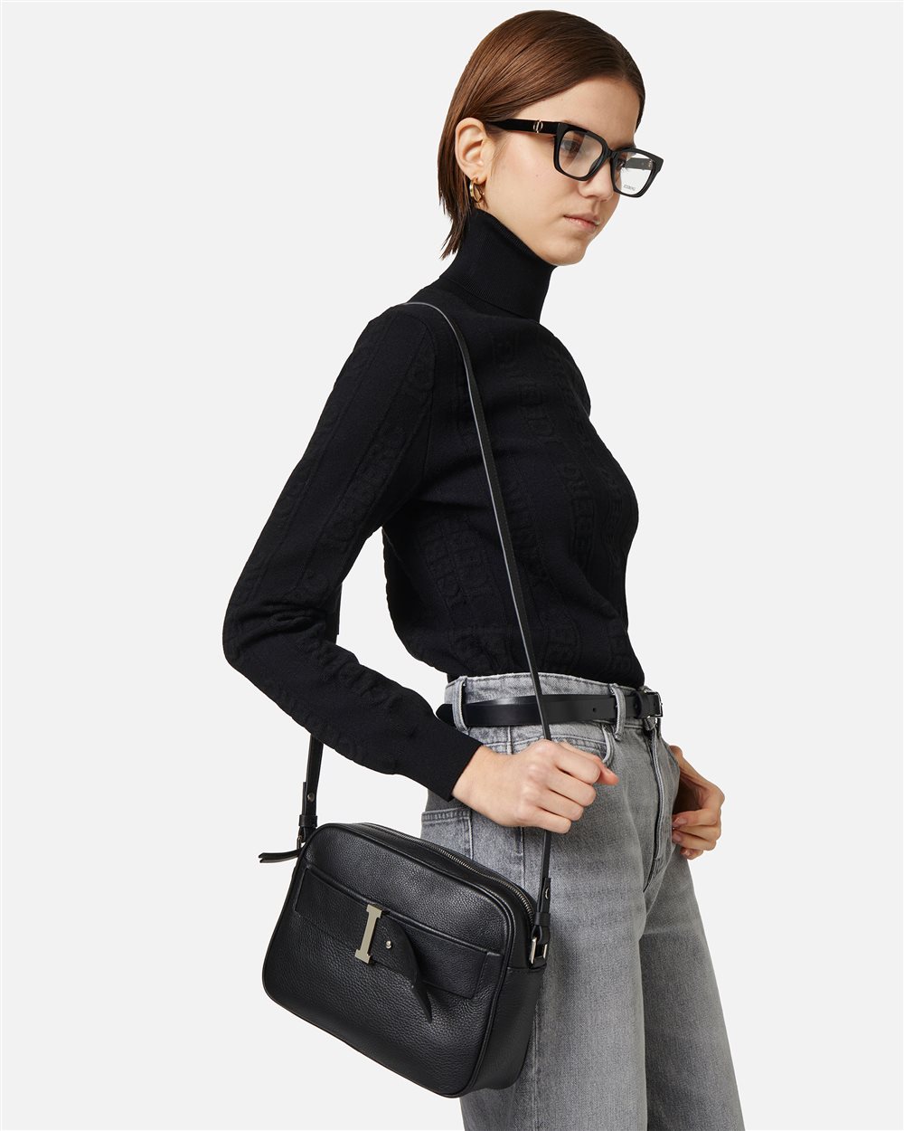 Black Prince leather shoulder bag with I-logo buckles and debossed Iceberg logo - Iceberg - Official Website