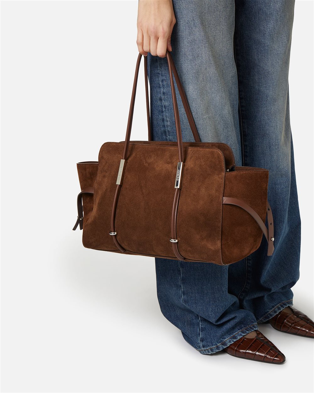Maxi shopper in hazelnut Lille leather with double metal accessory with Iceberg logo and debossed lo - Iceberg - Official Website