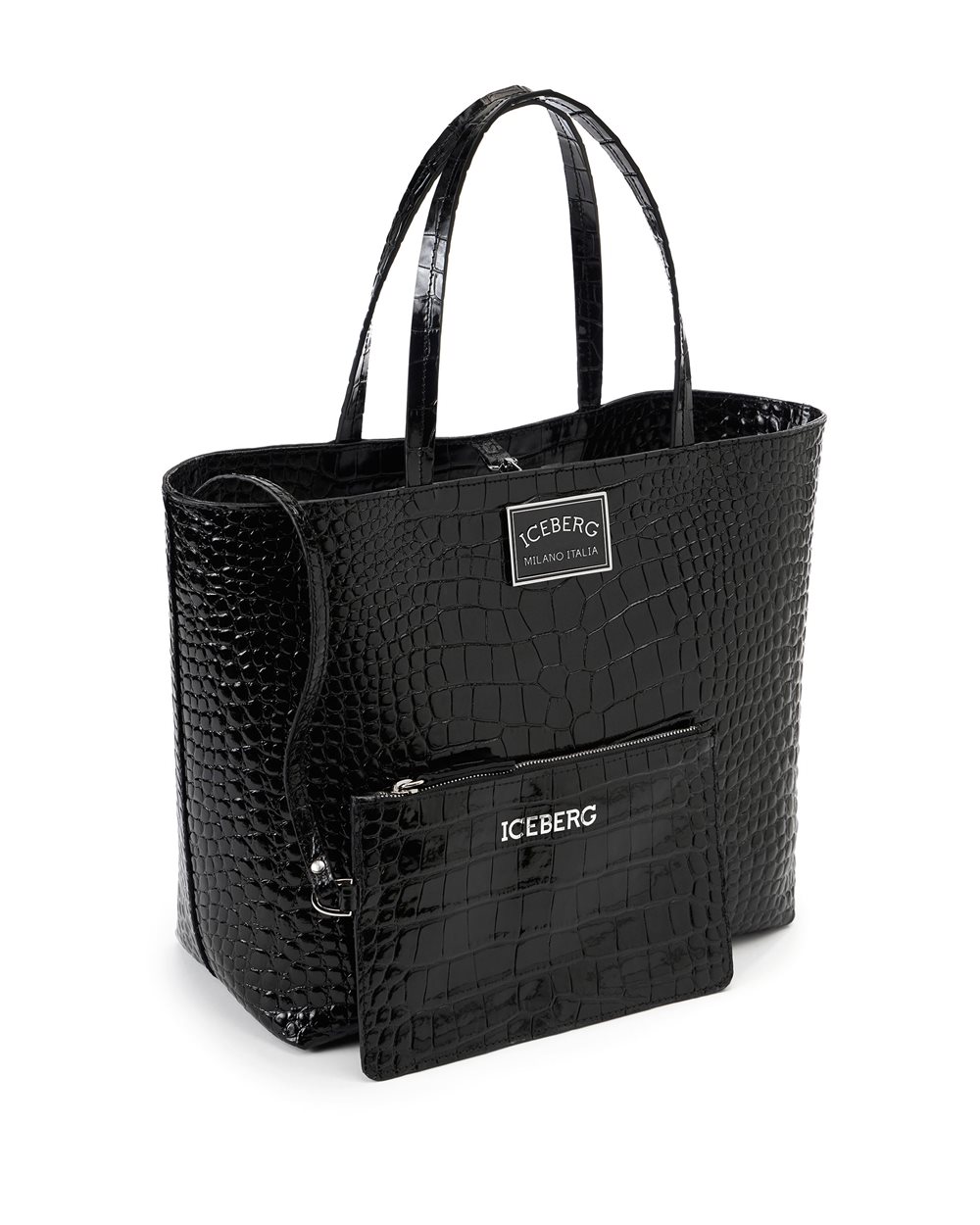 Black crocodile-effect leather shopper bag with enameled plaque and Iceberg Milano Italia logo - Iceberg - Official Website