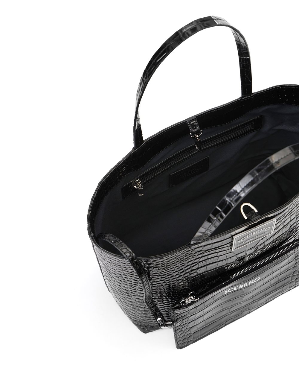 Black crocodile-effect leather shopper bag with enameled plaque and Iceberg Milano Italia logo - Iceberg - Official Website