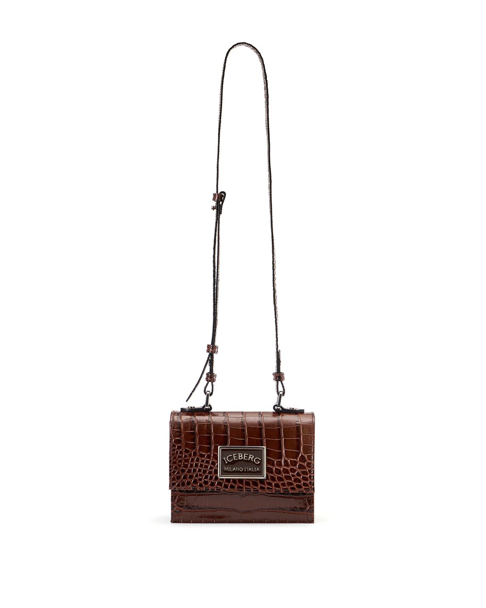 Black crocodile-effect leather top handle bag with enameled plaque and Iceberg Milano Italia logo - Iceberg - Official Website