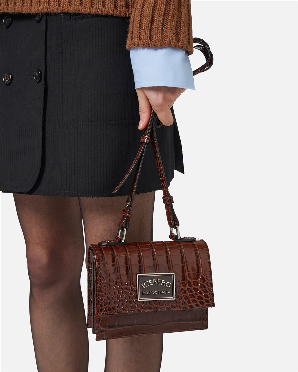 Black crocodile-effect leather top handle bag with enameled plaque and Iceberg Milano Italia logo - Iceberg - Official Website