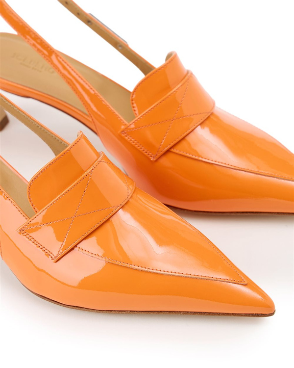Orange Patent Pointed Toe Slingback with Moccasin Neck and Kitten Heel - Iceberg - Official Website