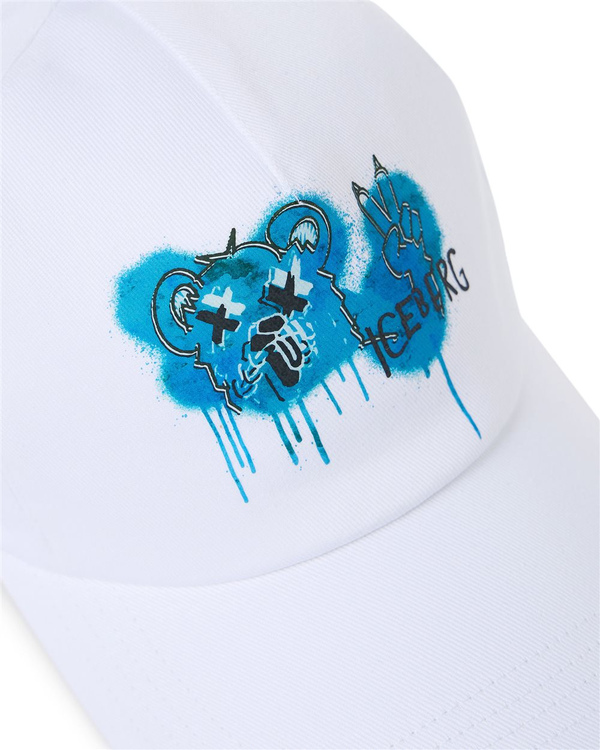 White Gabardine Baseball Cap with Bear Print - Iceberg - Official Website