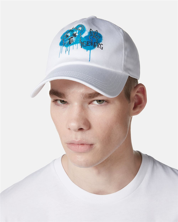 White Gabardine Baseball Cap with Bear Print - Iceberg - Official Website