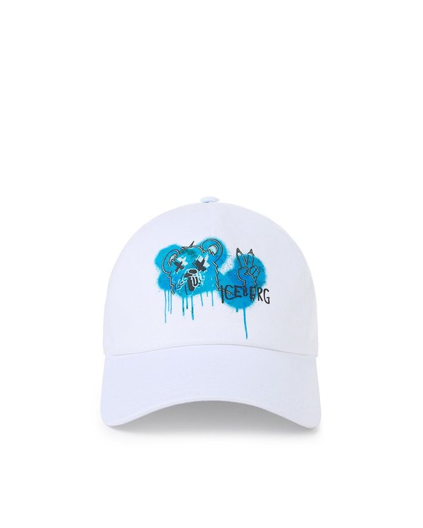 White Gabardine Baseball Cap with Bear Print - Iceberg - Official Website