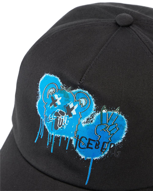 Black gabardine Baseball Cap with Bear Print - Iceberg - Official Website
