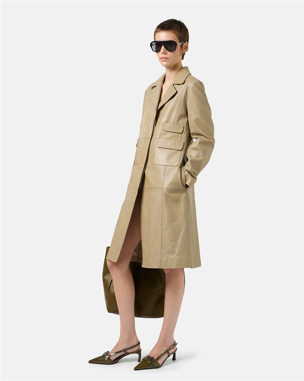 Mud-Colored Leather Regular Fit Coat - Iceberg - Official Website