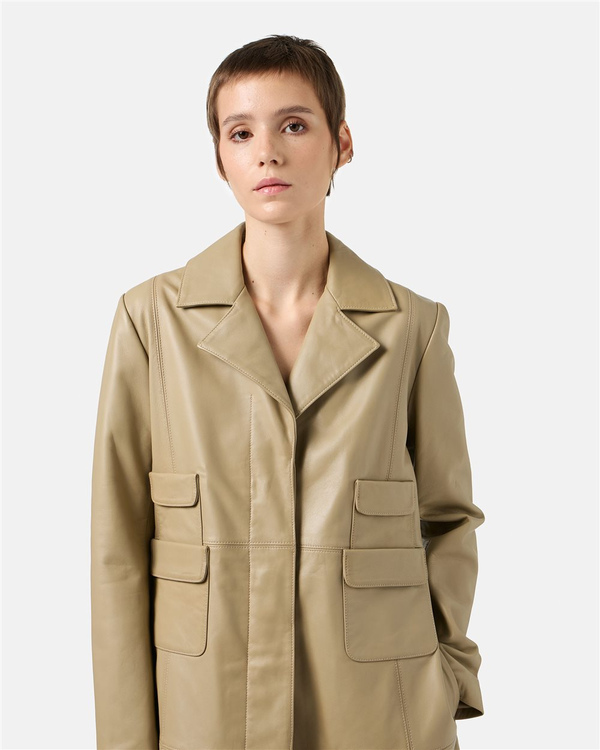 Mud-Colored Leather Regular Fit Coat - Iceberg - Official Website
