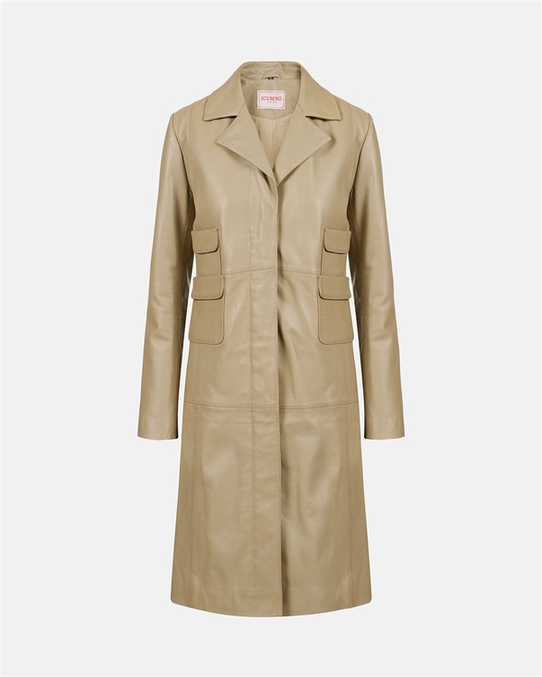 Mud-Colored Leather Regular Fit Coat - Iceberg - Official Website