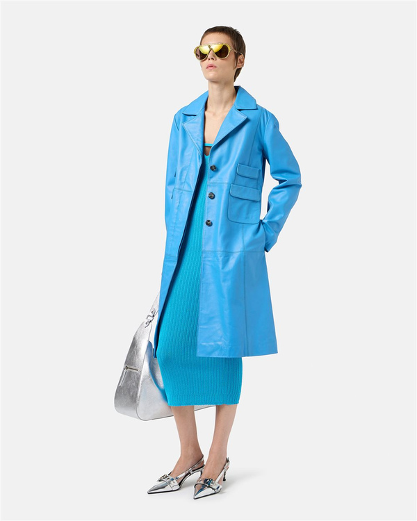 Cobalt Blue Leather Regular Fit Coat - Iceberg - Official Website