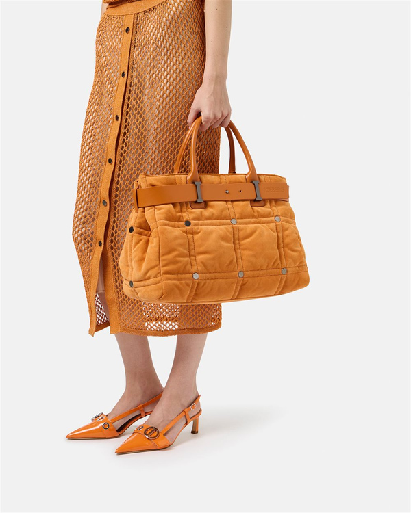 Intense Orange Suede Shopper Bag with Checkerboard Embroidery - Iceberg - Official Website