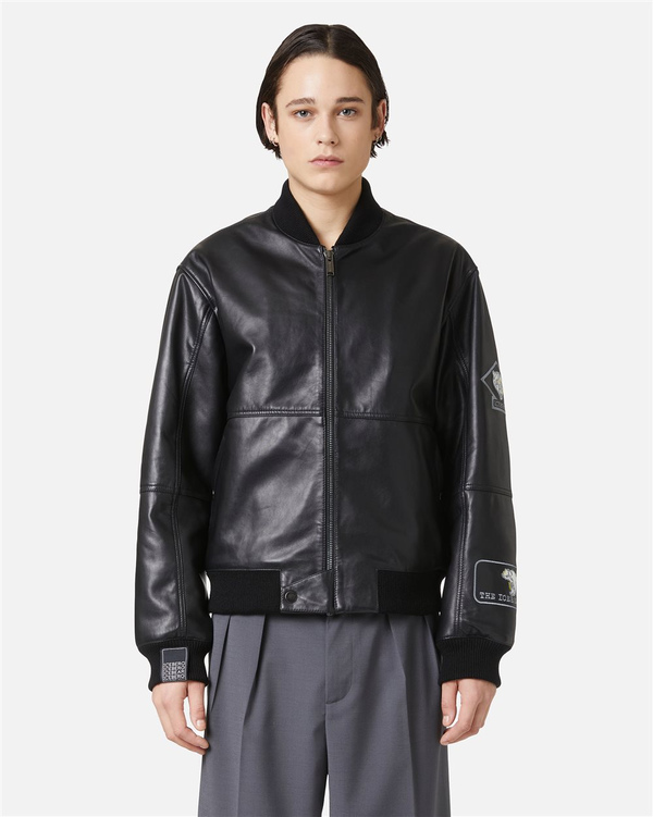 Schwarze Bomberjacke aus Leder mit aufgestickten Patches - Iceberg - Official Website