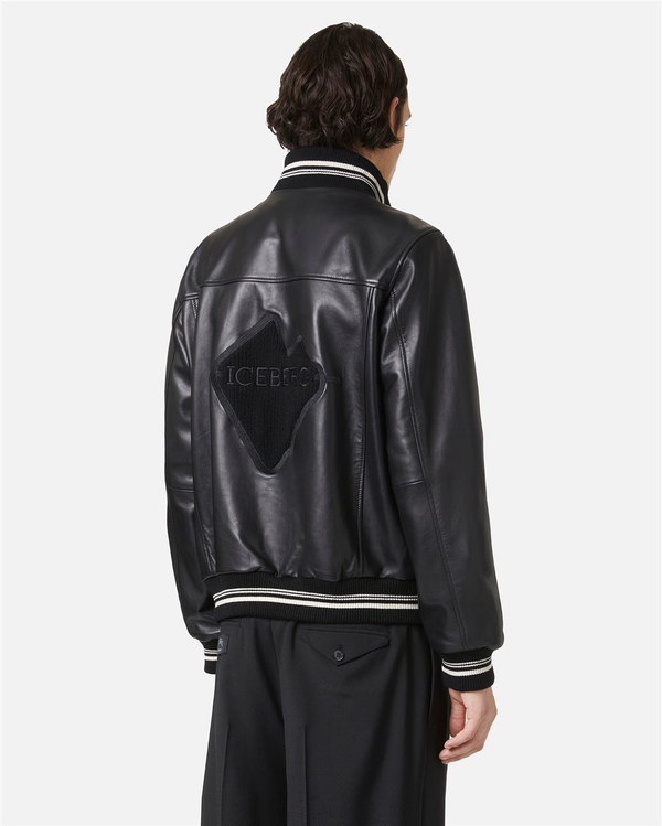 Black leather bomber with embroidered Iceberg logo - Iceberg - Official Website